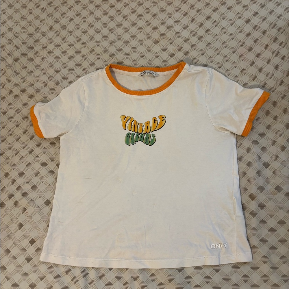 ONLY White and Orange Short Sleeve Tee with Playful Graphic